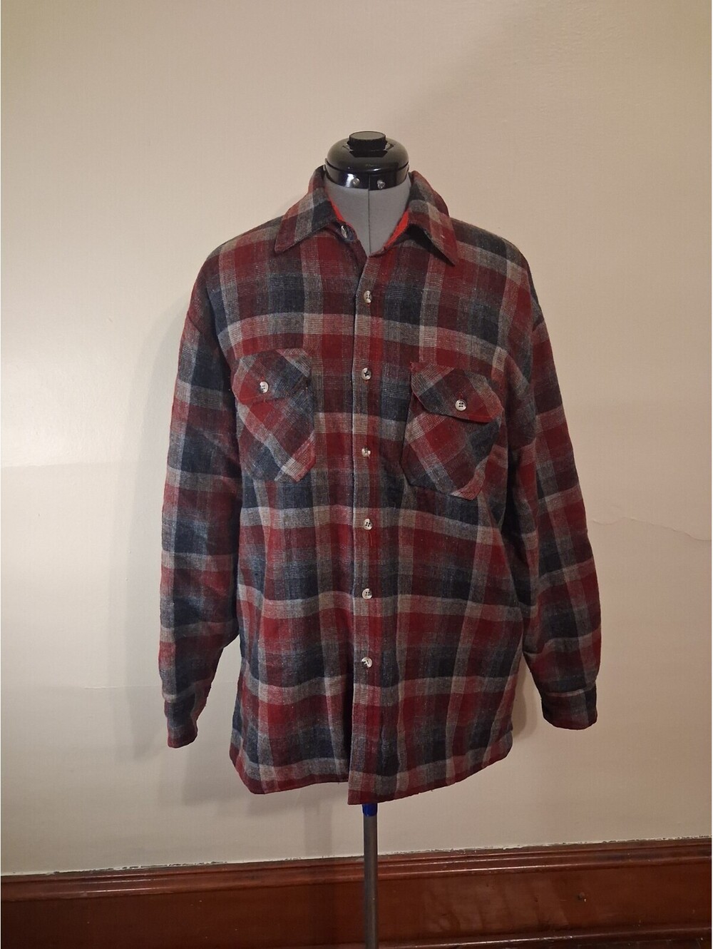 Vintage Woodland Wool Shacket, Red Lined Wool Jacket Retro Lumberjack Size Large